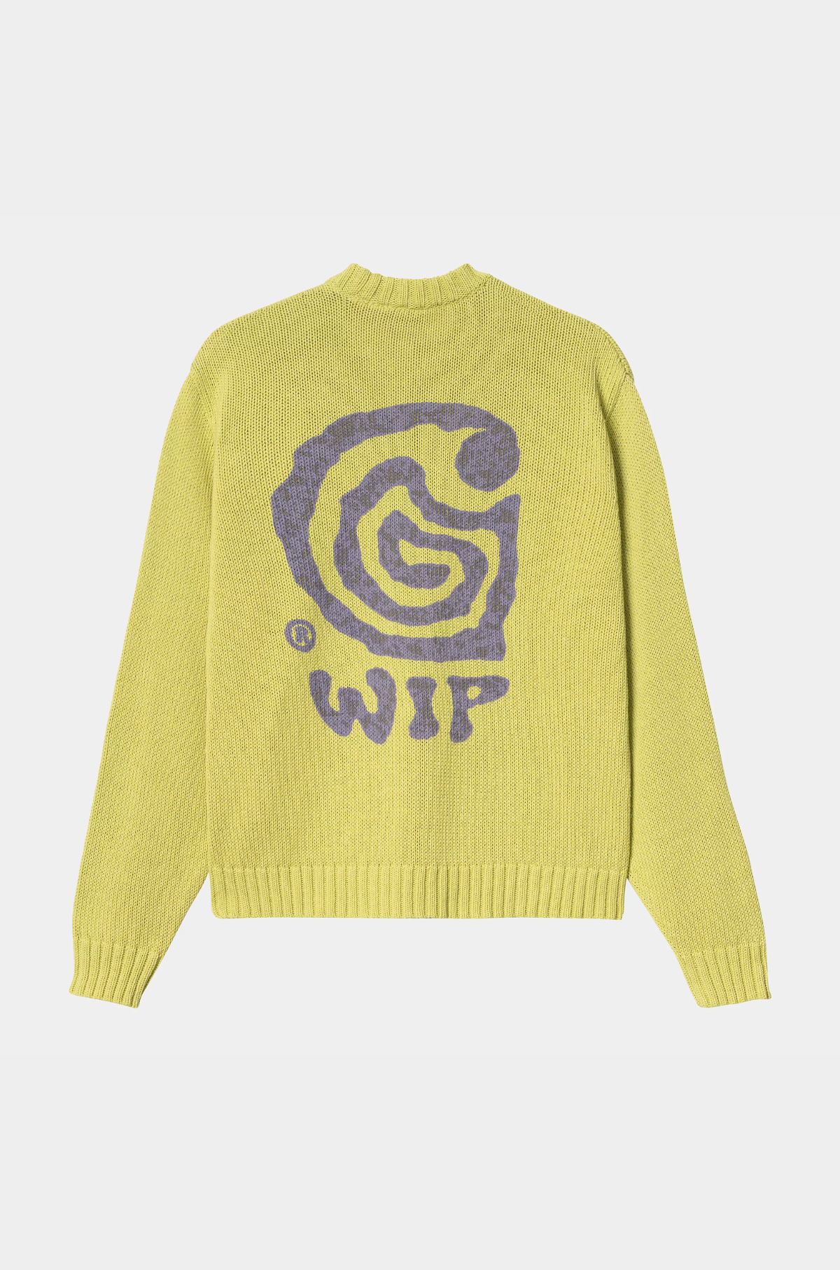 Yellow sweater with a carhartt logo and text on the back against a white background
