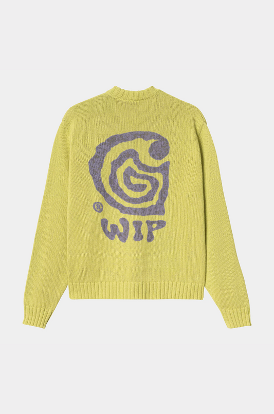 Yellow sweater with a carhartt logo and text on the back against a white background
