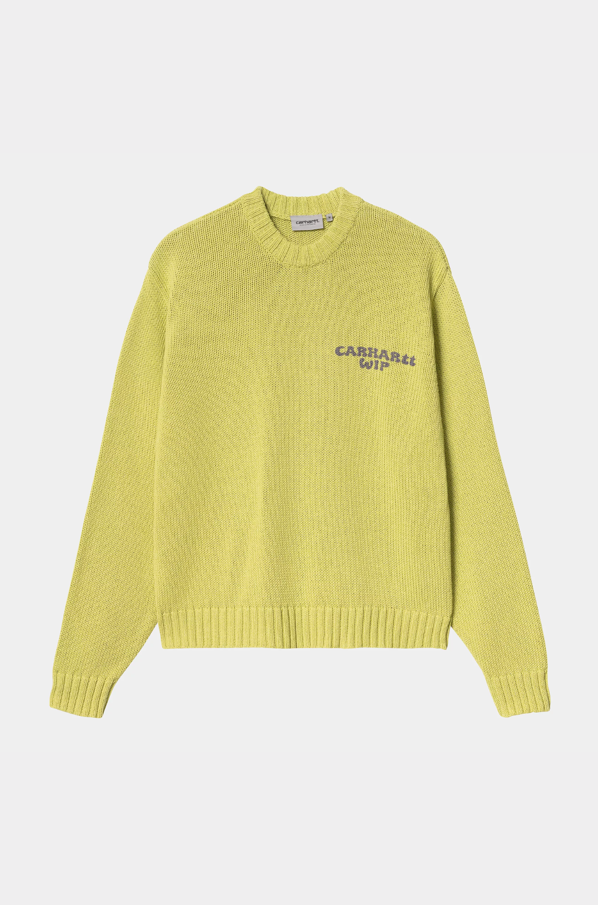 Green sweater with carhartt text on a white background