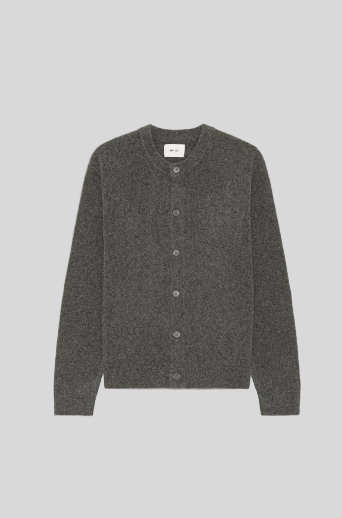 A dark gray knit cardigan sweater with a button-up front, laid flat against a solid light beige background.