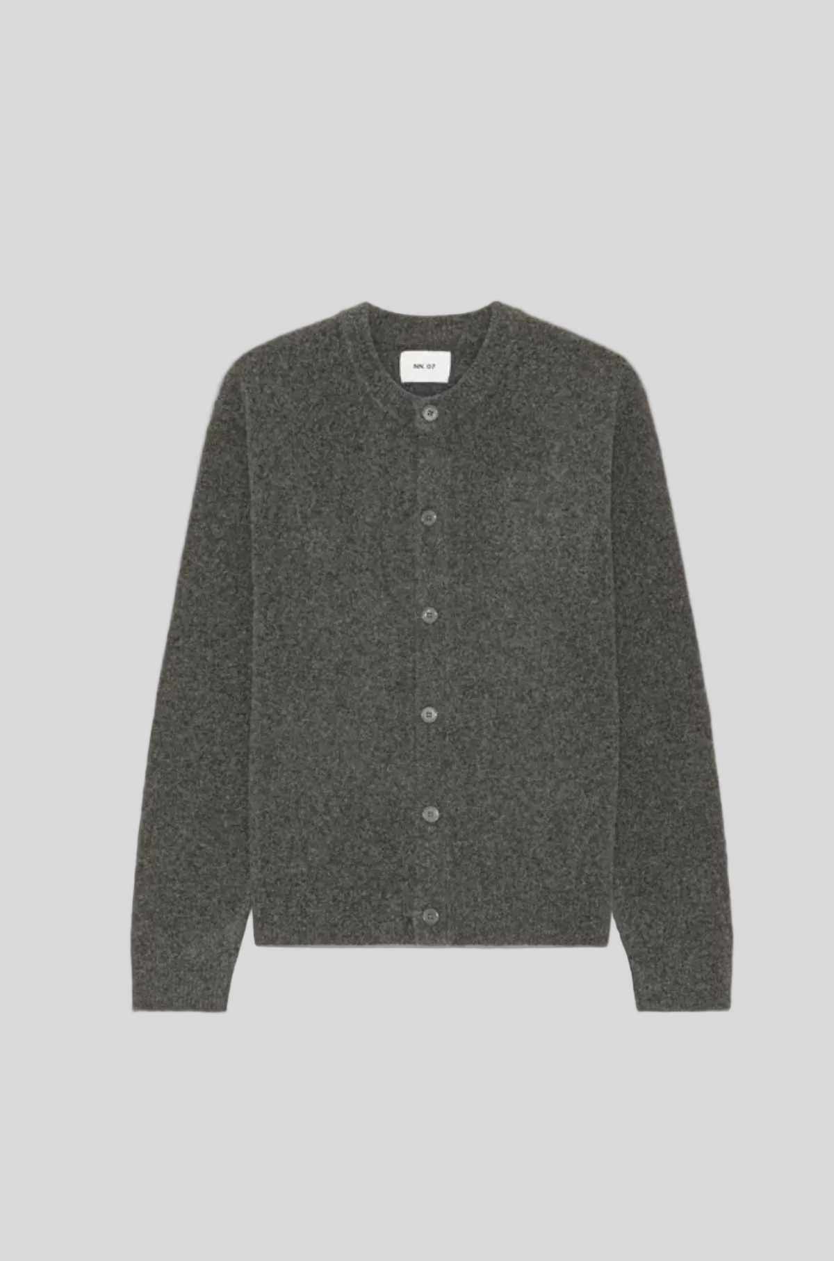 A dark gray knit cardigan sweater with a button-up front, laid flat against a solid light beige background.