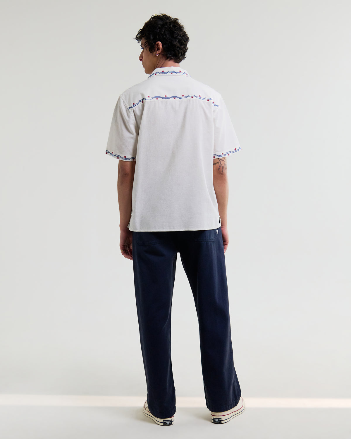 Wax London - Didcot SS Shirt Cross Stitch Border Ecru