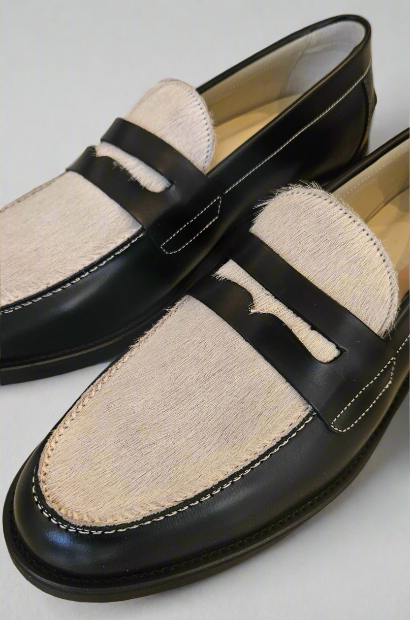 Duke & Dexter - Wilde Black + White Pony Penny Loafer