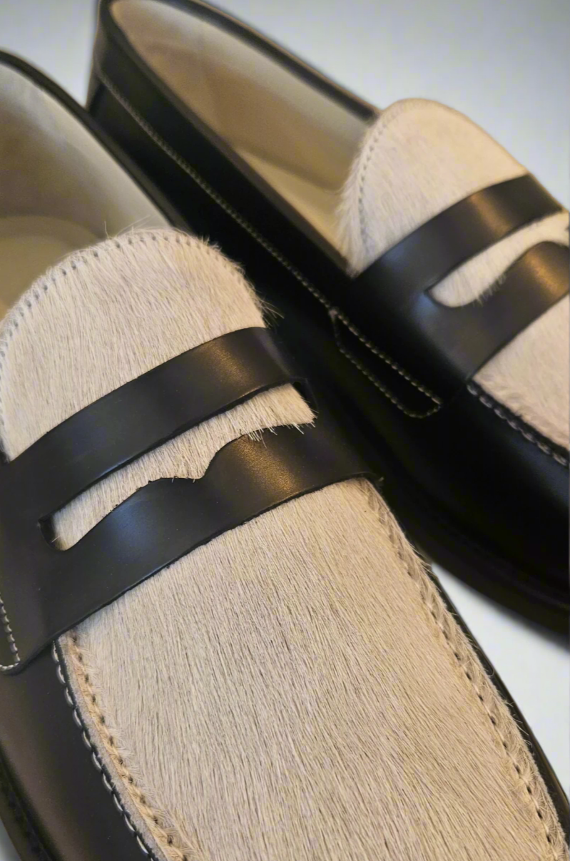 Duke & Dexter - Wilde Black + White Pony Penny Loafer