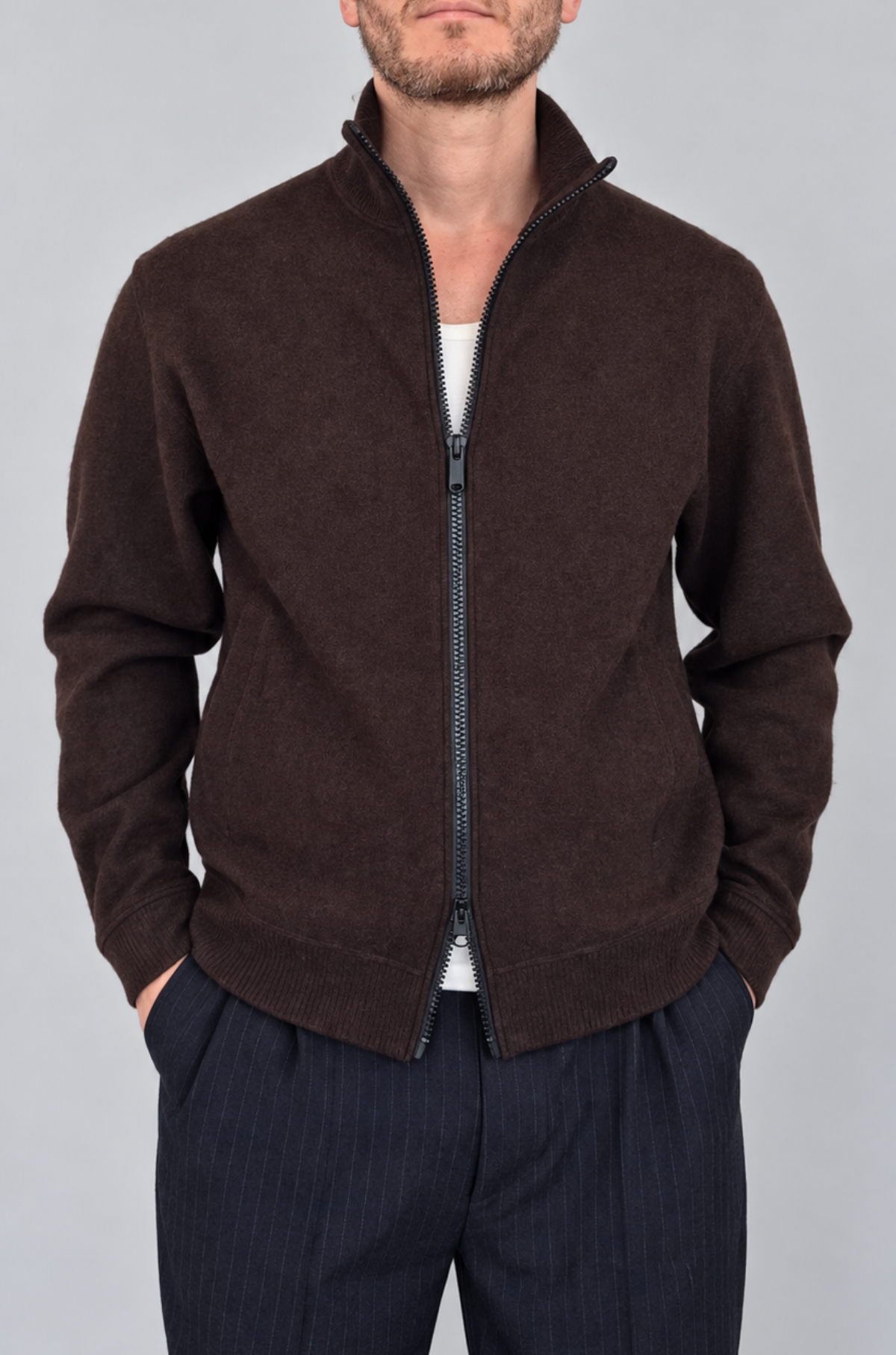 Cesar Equipment - Seaham Boiled Wool Zip Top Dark Brown