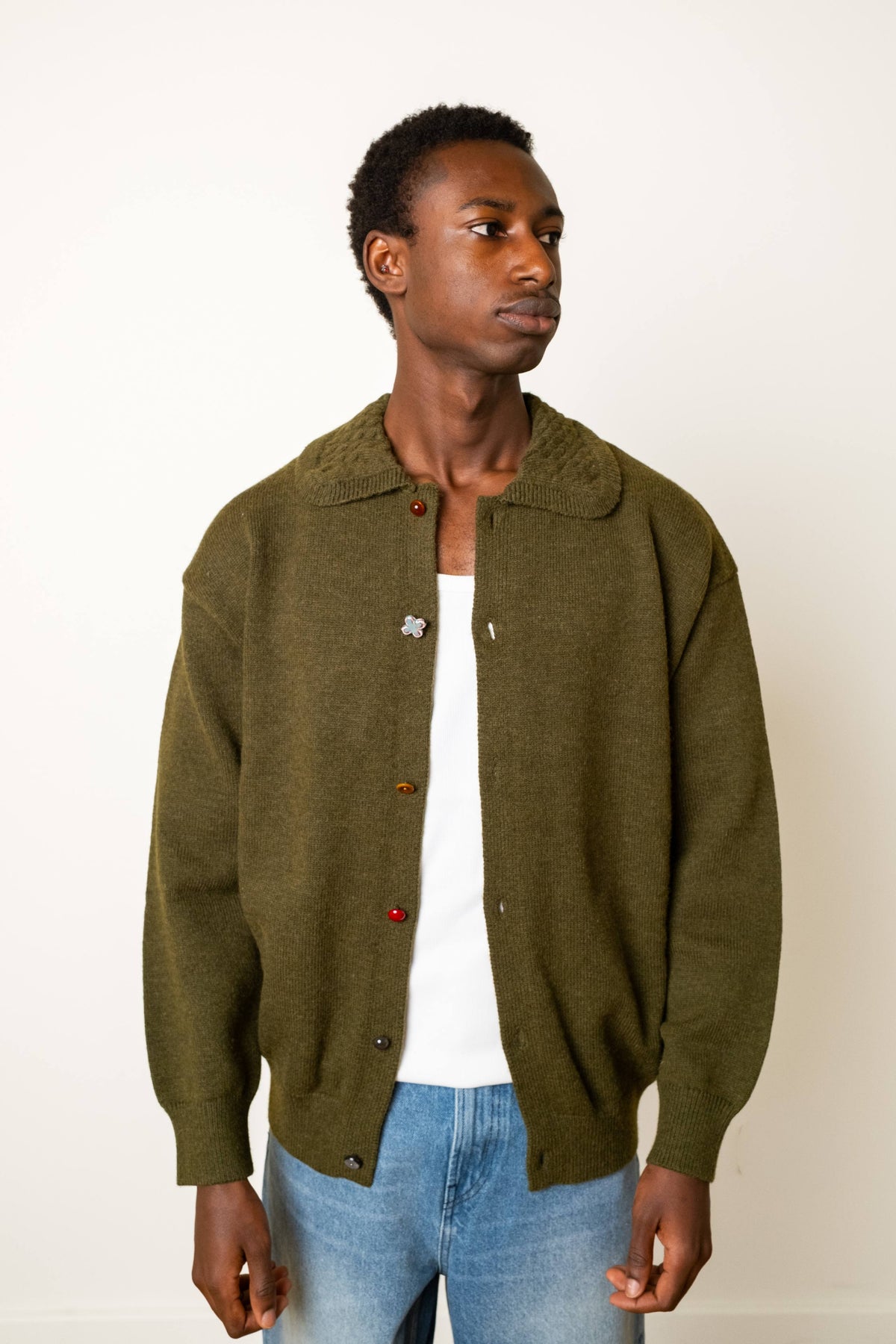 The Qool - Button Cardigan Dark Olive
