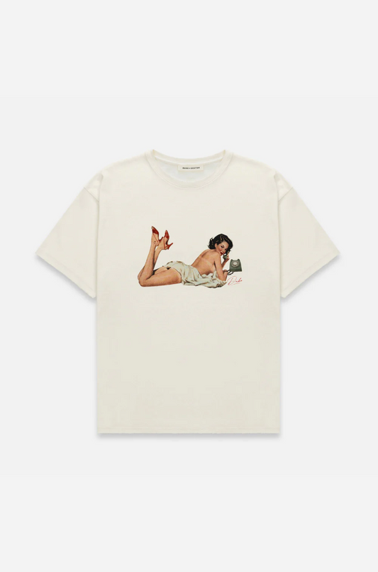White t-shirt with graphic design on a white background