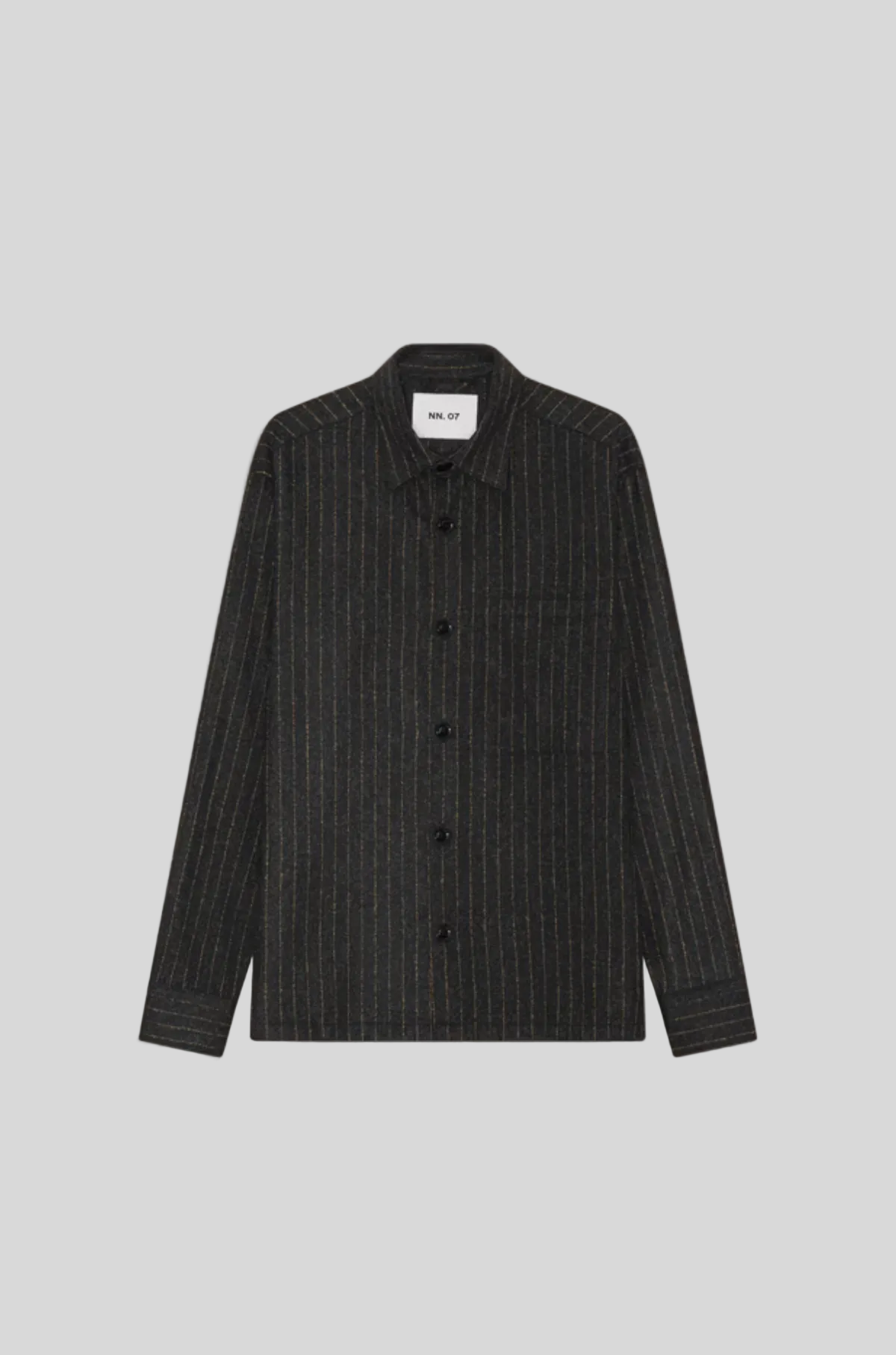 A dark charcoal gray pinstriped shirt jacket with a button-down front and collar, displayed flat against a solid beige background.