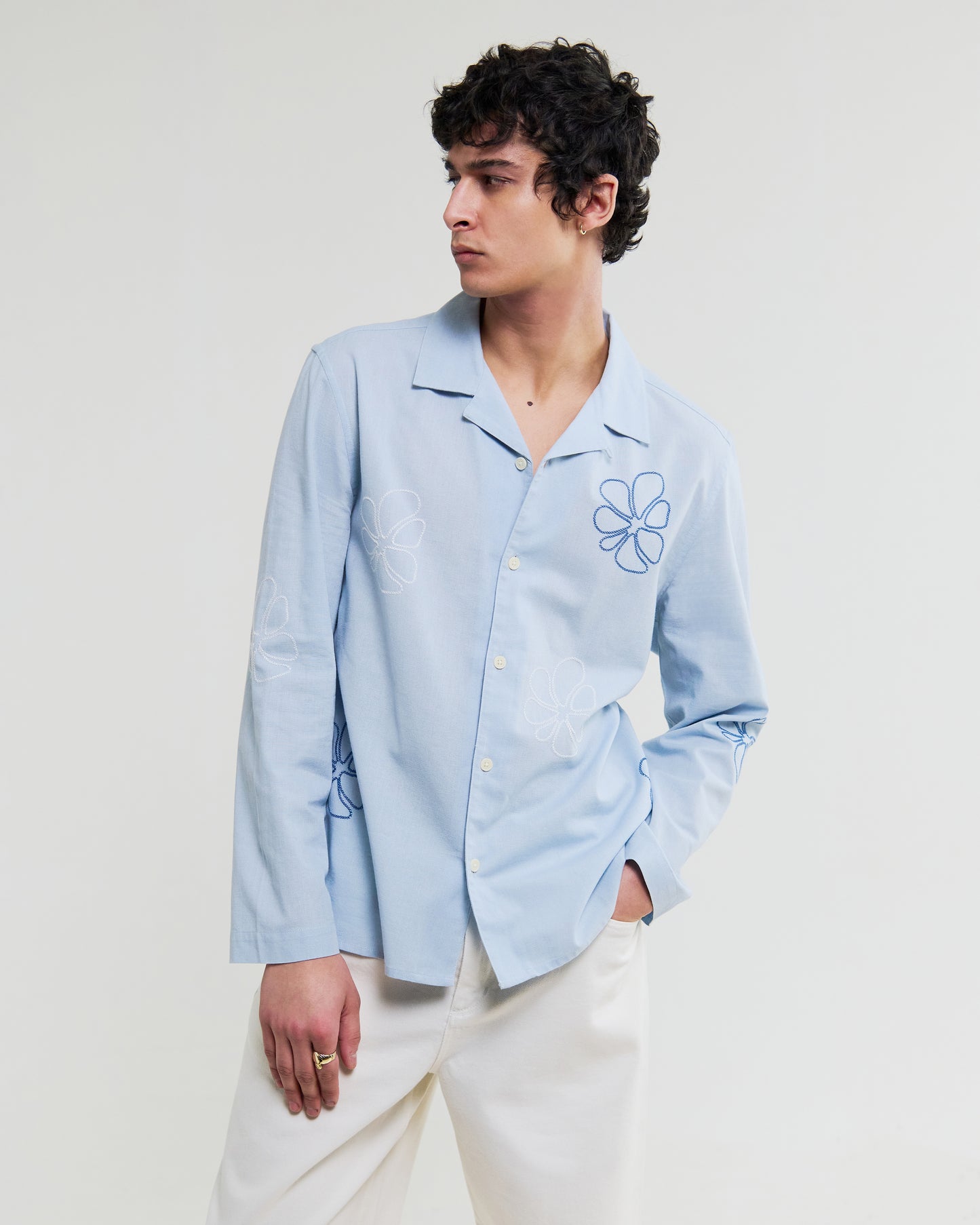 Wax London - Corey LS Shirt Cross Stitch Doodle Blue
