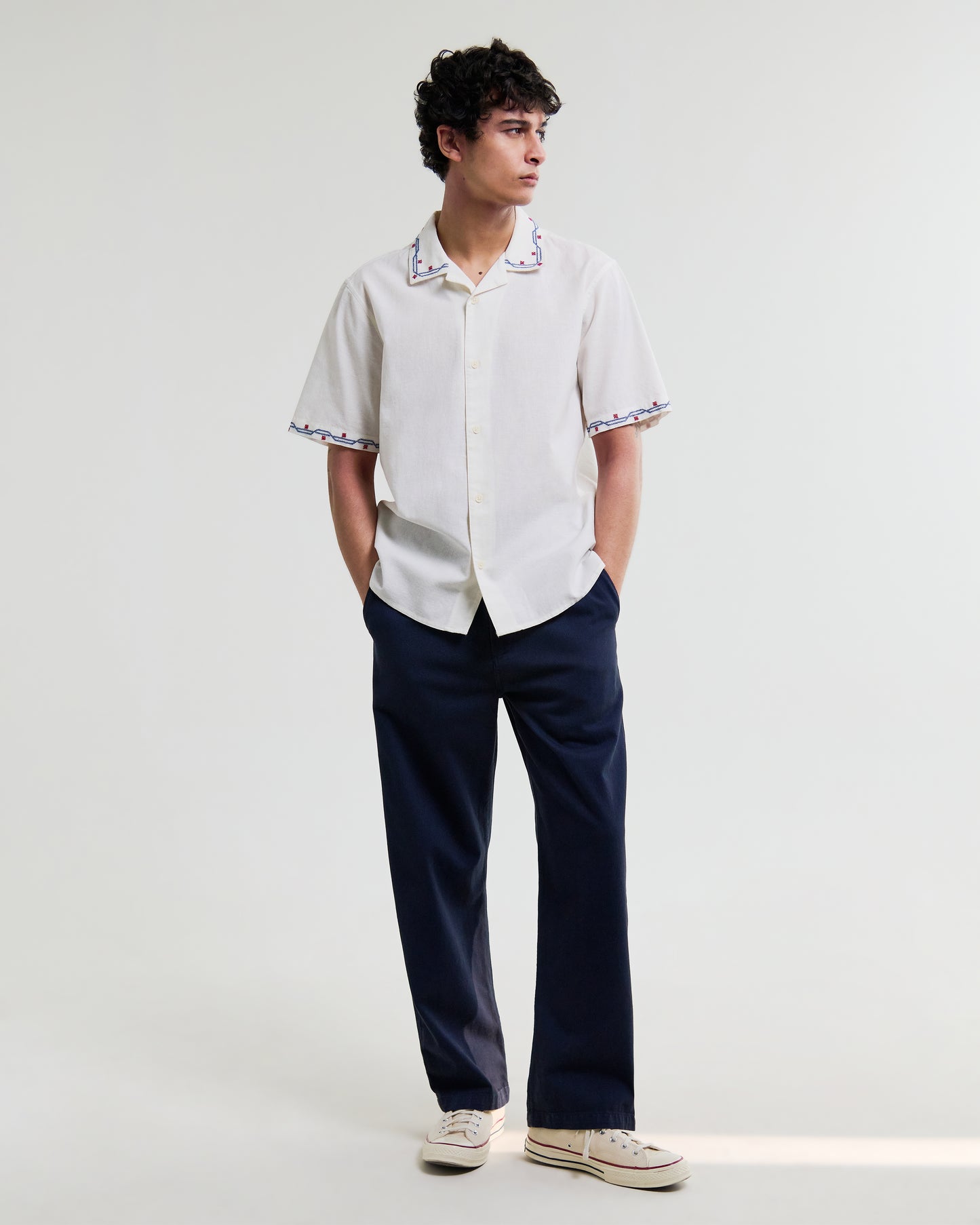 Wax London - Didcot SS Shirt Cross Stitch Border Ecru