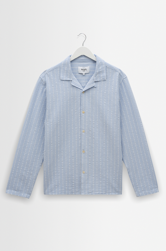 Wax London - Corey LS Shirt Seersucker Stripe Blue/Ecru