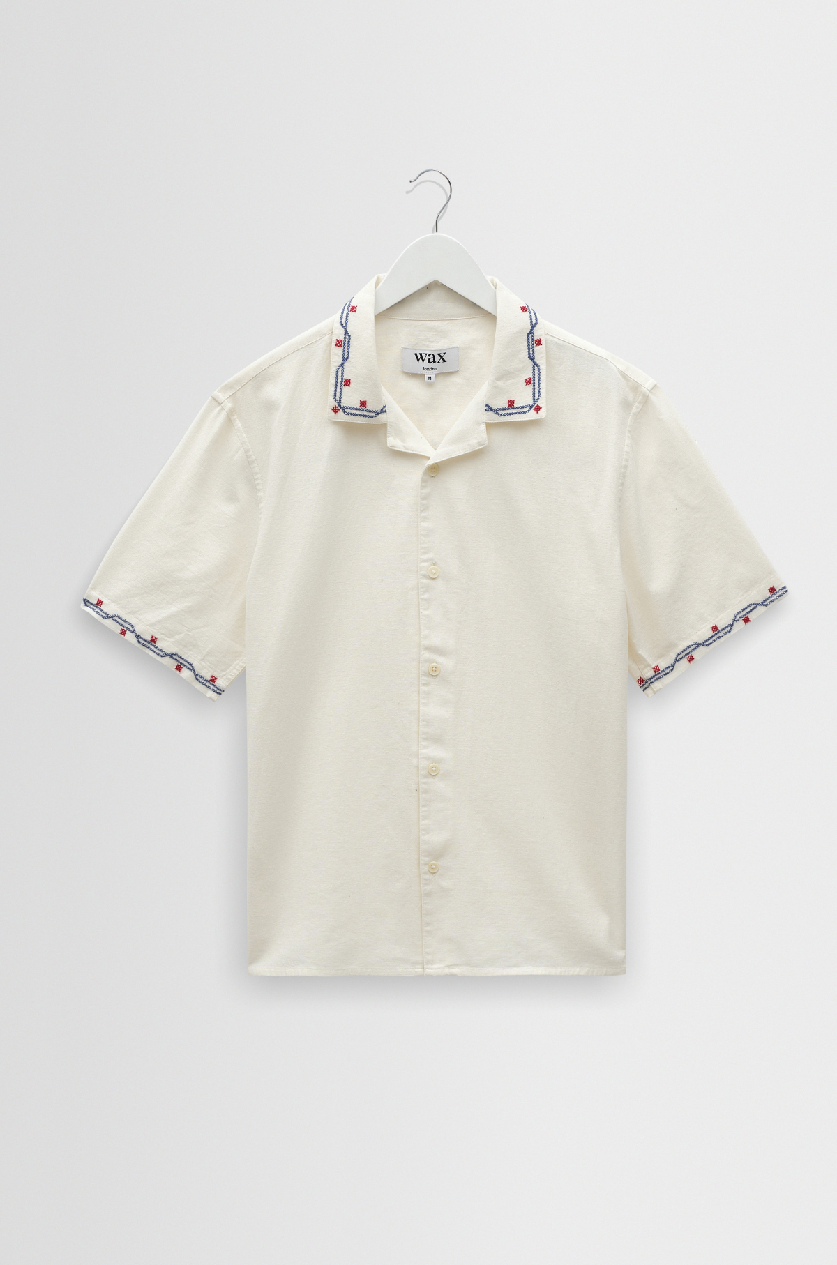 Wax London - Didcot SS Shirt Cross Stitch Border Ecru