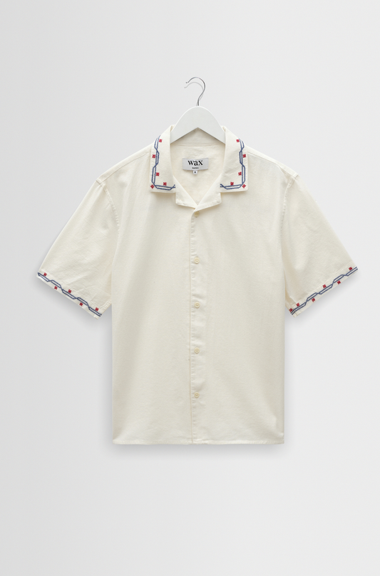 Wax London - Didcot SS Shirt Cross Stitch Border Ecru
