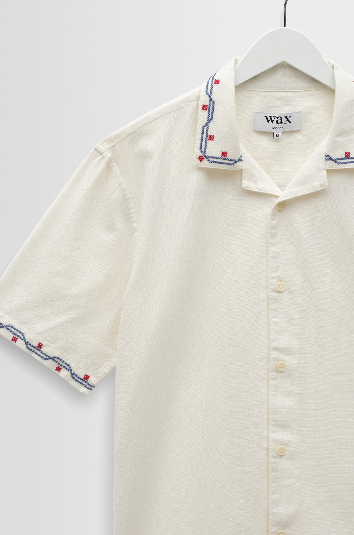 Wax London - Didcot SS Shirt Cross Stitch Border Ecru