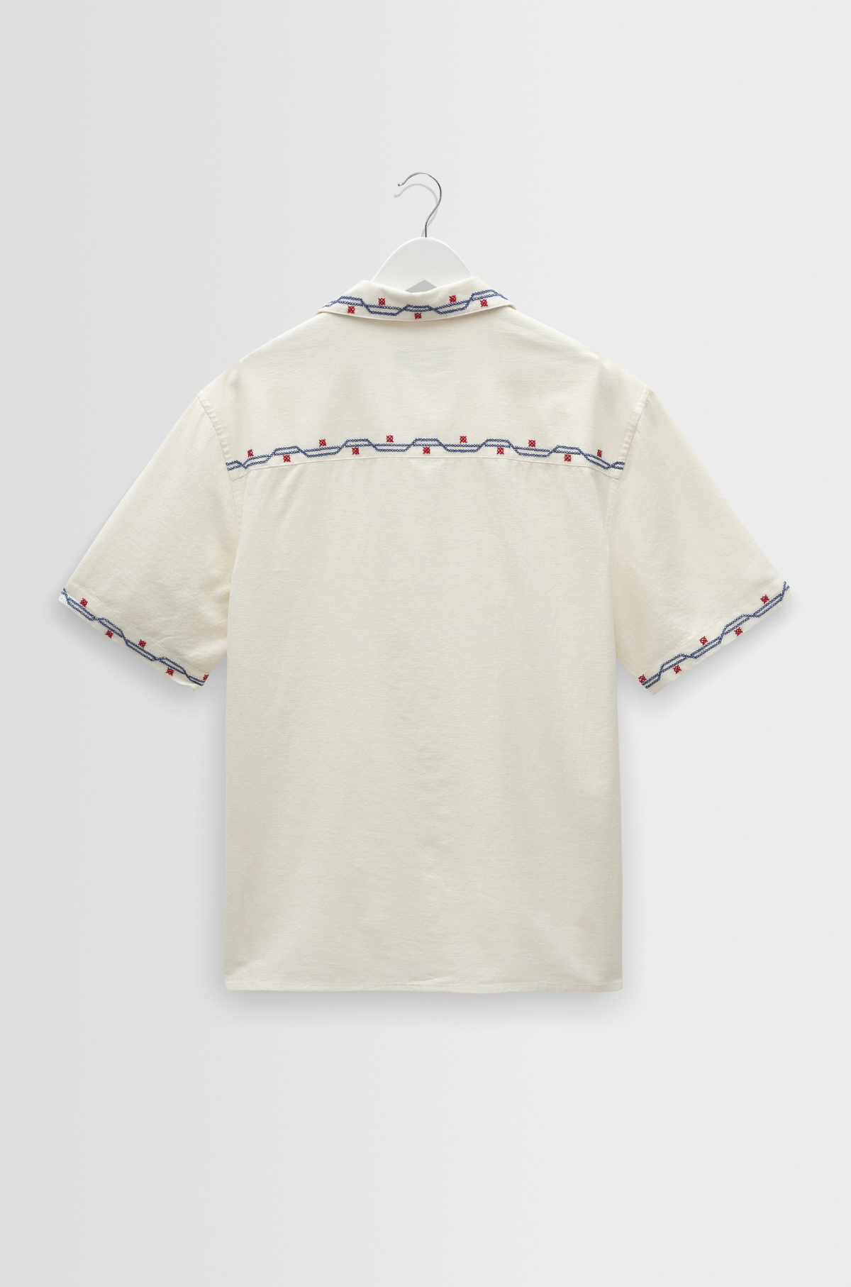 Wax London - Didcot SS Shirt Cross Stitch Border Ecru